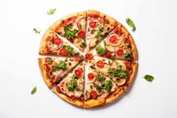  a pizza with many toppings cut into eight slices on a white surface with basil, tomatoes, onions, and other toppings.