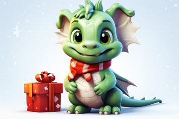 Fototapeta premium Cute green christmas dragon in santa hat in cartoon style with gift boxs on white background.The dragon is the symbol of 2024. New Year holiday card. Happy New Year!