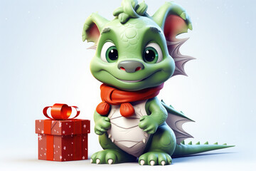 Cute green christmas dragon in santa hat in cartoon style with gift boxs on white background.The dragon is the symbol of 2024. New Year holiday card. Happy New Year!