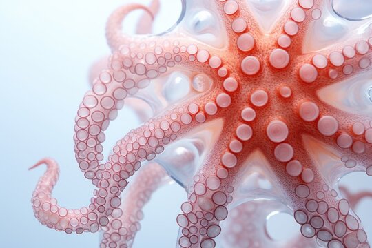  a close up of an octopus's tentacles on a light blue background with bubbles in the bottom half of the image.
