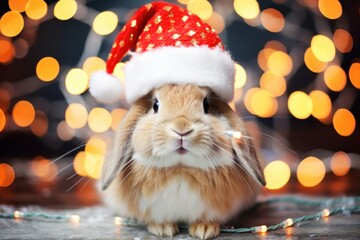  a brown and white rabbit wearing a red and white santa hat on top of it's head with lights in the background.