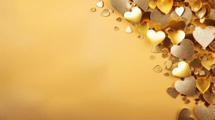 A beautiful golden colored background with hearts, leaving space for text, blurred background - Generative AI