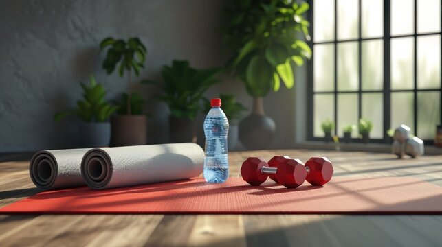 3D render illustration of a yoga mat, dumbbells, a bottle of water, and sport fitness equipment with a female concept