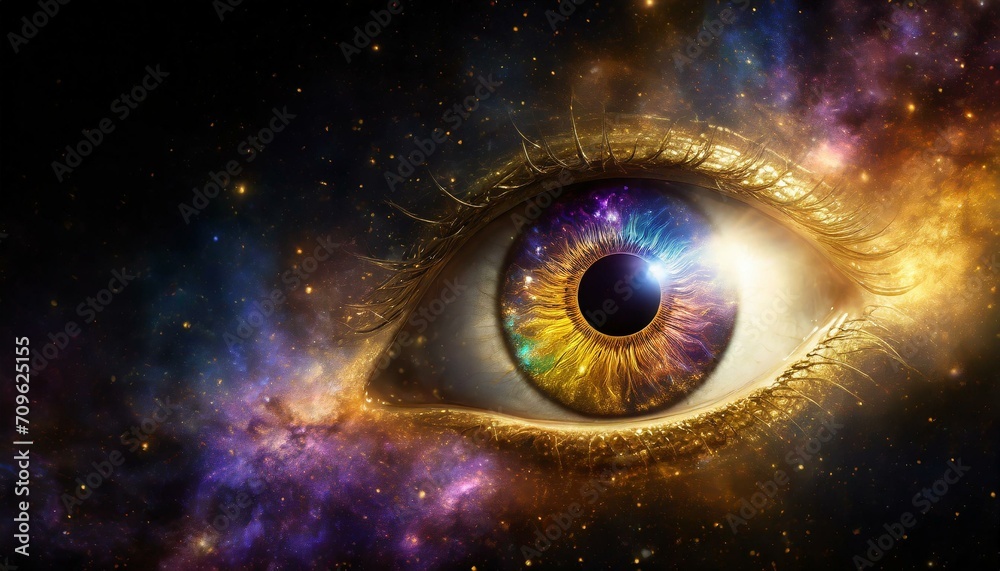 Poster eye with galaxy in the iris and universe in the background