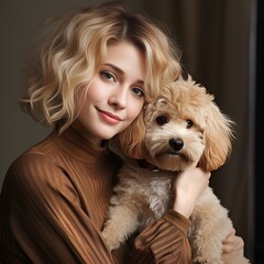 woman with a dog, Young blonde woman cuddling with her cute poodle
