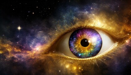 Eye with galaxy in the iris and universe in the background