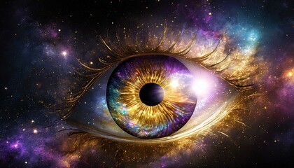 Eye with galaxy in the iris and universe in the background - obrazy, fototapety, plakaty