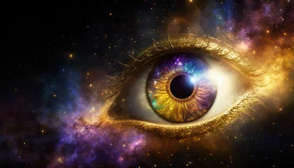 Gordijnen Eye with galaxy in the iris and universe in the background © creativemariolorek
