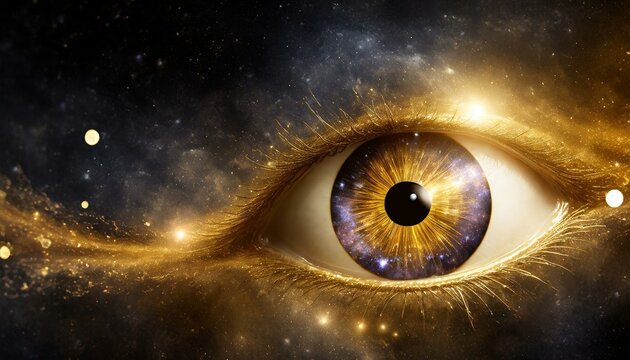 Eye with galaxy in the iris and universe in the background
