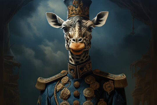  a painting of a giraffe wearing a blue suit and a crown with a cloudy sky in the background.