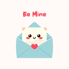 Cute kawaii love letter. Open Envelope with love message and heart. Happy Valentine's Day.