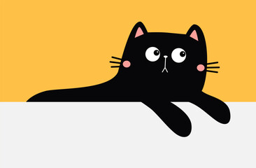 Cat laying on paper banner template. Peeking black kitten. Cute cartoon kawaii funny animal pet character. Happy Valentines day, Halloween. Flat design. Yellow White background