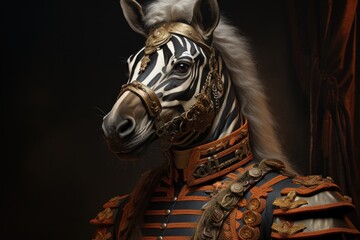  a close up of a zebra wearing a suit with a zebra's head in the center of the picture.