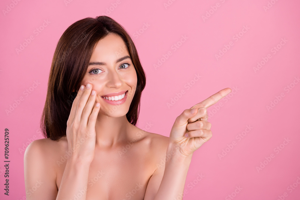 Sticker Photo of attractive nice pretty girl touch applying gel promoting moisturizing pampering product isolated pastel background