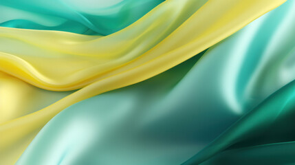Fluid waves of yellow and turquoise silk fabric create an abstract and luxurious texture with a sense of motion.