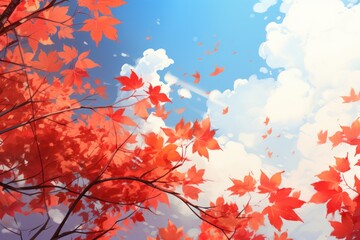  a painting of a tree with red leaves in the foreground and a blue sky with clouds in the background.