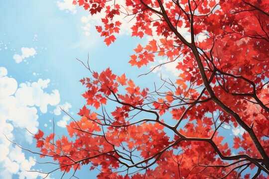  a painting of a tree with red leaves and a blue sky in the background with clouds in the foreground.
