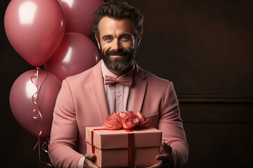 happy handsome man holds red and pink gift box, valentine's day on brown