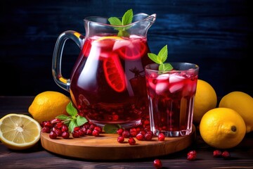  a pitcher of pomegranate tea next to a pitcher of lemonade and two glasses of pomegranate. - obrazy, fototapety, plakaty