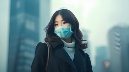 Portrait woman wearing an mask. Young man wearing protection mask over smog city.PM2.5 unhealthy air pollution dust smoke in the urban city, PM 2.5.health care