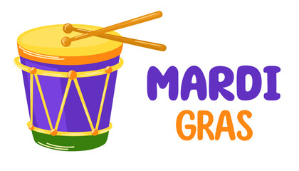 Mardi Gras carnival party Illustration with drum. Vector illustration for poster, greeting card, party invitation, banner or flyer, vector design element