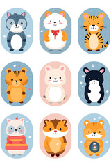 Cute Cartoon Animals Collection Stickers for Children and Design, Adorable cartoon animal illustrations, perfect for kids' designs
