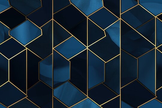  a blue and gold wallpaper with squares and rectangles in the shape of hexagonal cubes.