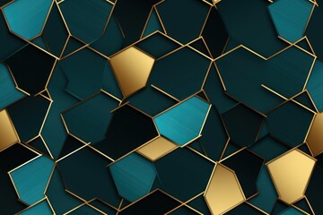  a green and gold abstract background with hexagonal shapes and gold foil on the edges of each hexagonal cubes.