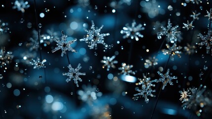  a group of snowflakes floating in the air on a dark blue background with snow flakes in the foreground.