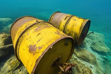 Rusting yellow barrels are dangerous with toxic waste lined up on the ocean floor, making you wonder about marine pollution and the environmental consequences.
