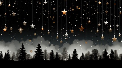  a night scene with stars hanging from the ceiling and trees in the foreground, and clouds in the background.