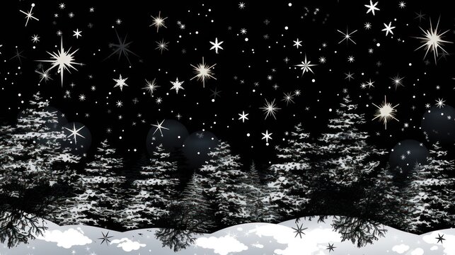  a black and white picture of a snowy night with stars in the sky and snow - covered trees in the foreground.