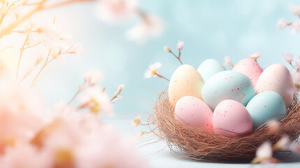 Soft pastel-colored Easter eggs in a nest, complemented by gentle spring blossoms and a light blue background.