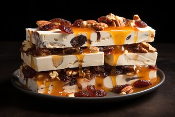 A stack of Italian torrone sits enticingly on a wooden board, adorned with almonds, pecans, and citrus, suggesting a feast of flavors.
