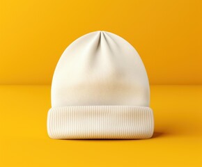 A blank white beanie hat is showcased against a pristine yellow background for design mockup purposes.