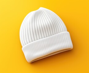 A blank white beanie hat is showcased against a pristine yellow background for design mockup purposes.