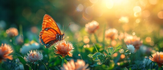 Morning light Beautiful butterflies gracefully float on The blooming onion flowers are beautiful, amidst lush green nature, under a bright sunlit sky - obrazy, fototapety, plakaty