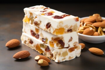 A stack of Italian torrone sits enticingly on a wooden board, adorned with almonds, pecans, and citrus, suggesting a feast of flavors.