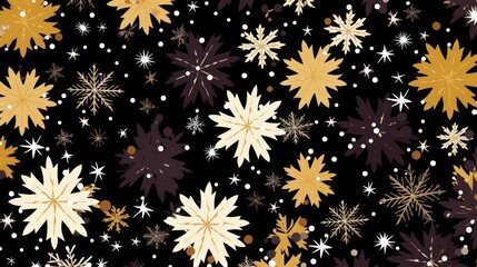  a pattern of snowflakes and stars on a black background with gold and white snow flakes on a black background.