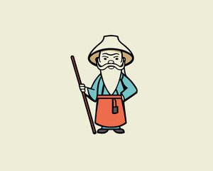 Illustration of old man with white beard hat and cane 