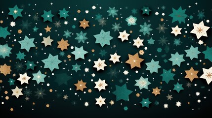  a group of gold and green stars on a black background with snow flakes and stars on the bottom of the image.