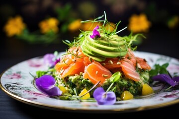  a plate of food with avocado, carrots, and other veggies on top of it.