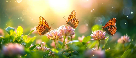 Foto op Canvas Morning light Beautiful butterflies gracefully float on The blooming onion flowers are beautiful, amidst lush green nature, under a bright sunlit sky © ND STOCK