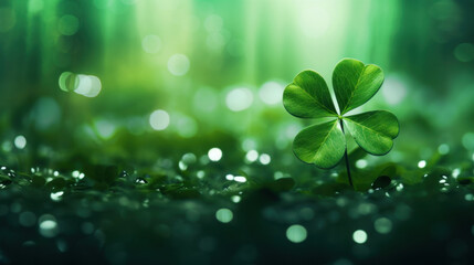 A single four-leaf clover stands out with vibrant green leaves on a dew-covered field under a soft bokeh light.