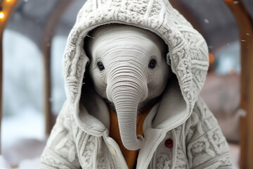 an elephant wearing thick clothes in the snow