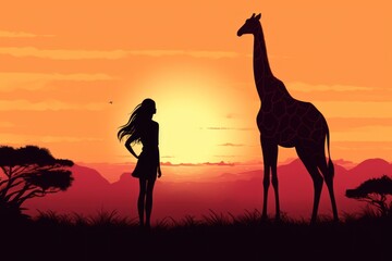  a woman standing in front of a giraffe in a field with the sun setting behind her and a giraffe in the foreground.