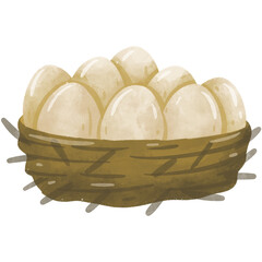 Chicken Eggs In A Basket Watercolor Illustration