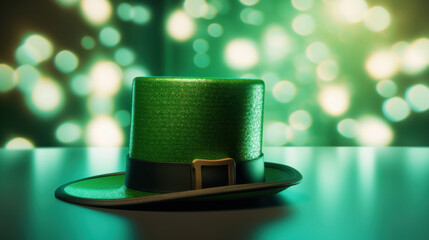 A sparkling green leprechaun hat sits elegantly against a bokeh light backdrop, evoking the spirit of St. Patrick's Day.
