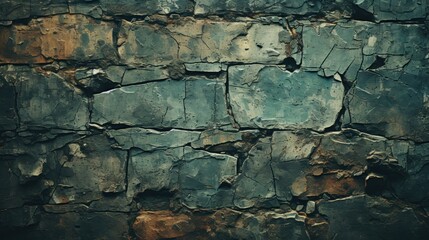  a close up of a brick wall with blue and brown paint peeling off of it's sides and a clock on the side of the wall.