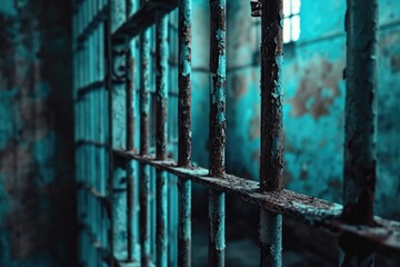 A close-up view of the bars of a jail cell. This image can be used to depict incarceration, imprisonment, or the justice system